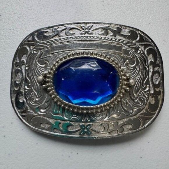 Men's Western Silver Heavy Weight Belt Bucket w/ Large Blue Glass Stone - Picture 1 of 2